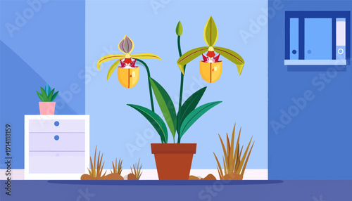 Two yellow lady slipper orchids in a pot, with a small potted plant and a filing cabinet