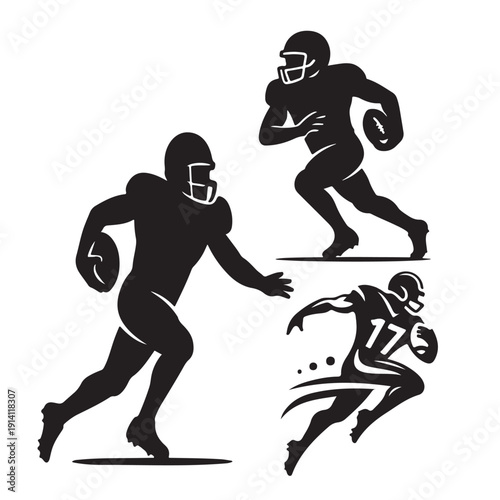 American Football Players Running with Ball Silhouette Set.