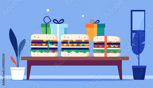 Three colorful sandwiches on a table with gifts and plants