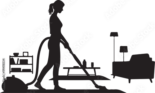 Woman Vacuuming Living Room Interior Silhouette