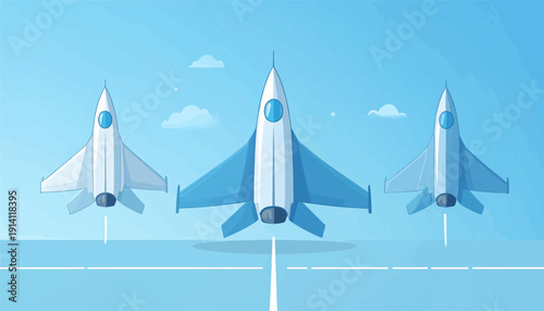 Three fighter jets lined up on a runway against a pale blue sky with clouds