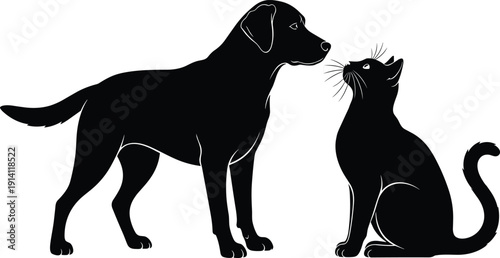 WebBlack Silhouette of Labrador Retriever Dog and Domestic Cat Sitting and Looking at Each Other Isolated on White Background for Pet Veterinary Care Design