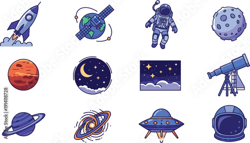 Space Exploration Icon Set with Rocket, Astronaut, Planets, Satellite, Telescope, UFO and Galaxy Universe Illustration Collection