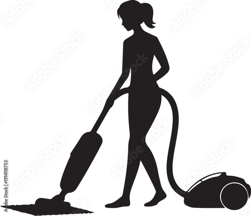 Woman Vacuuming with Upright Vacuum Cleaner Silhouette 1
