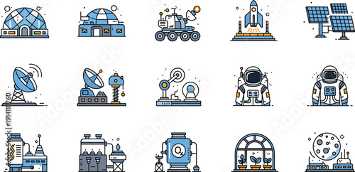 Space Research and Exploration Technology Icon Set with Astronaut, Mars Rover, Satellite Station and Futuristic Science Facilities