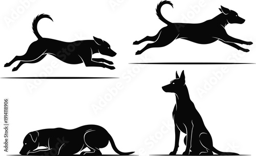 WebSet of black dog silhouettes in various action poses including running jumping sitting and lying down isolated on white background for pet design