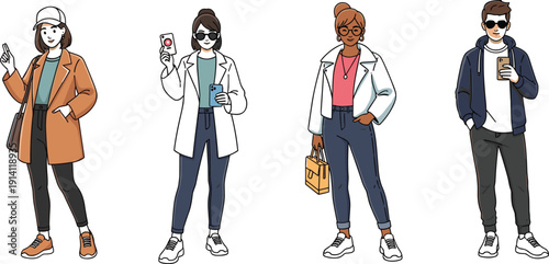 Stylish Young People Fashion Illustration Set with Trendy Casual Outfits, Streetwear Clothing and Modern Lifestyle Characters