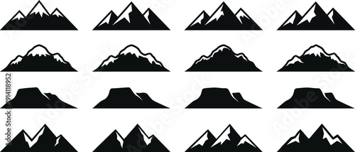WebSet of black mountain silhouettes isolated on white background, collection of alpine peaks vector icons for logo design, landscape branding, outdoor adventure graphics