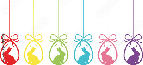 WebSet of colorful hanging Easter egg ornaments with bunny silhouettes in red yellow green blue pink and purple isolated on white background for spring holiday