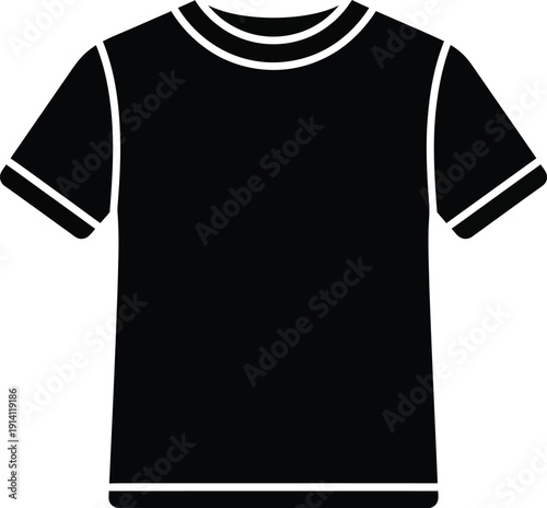 A simple black t-shirt icon with a crew neck and short sleeves displayed against a white background.