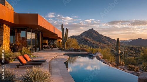 Modern house with infinity pool in desert landscape at sunset