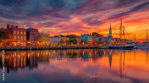 Vibrant sunset over the historic harbor of Annapolis, Maryland, with colorful buildings and sailboats reflected in the water
