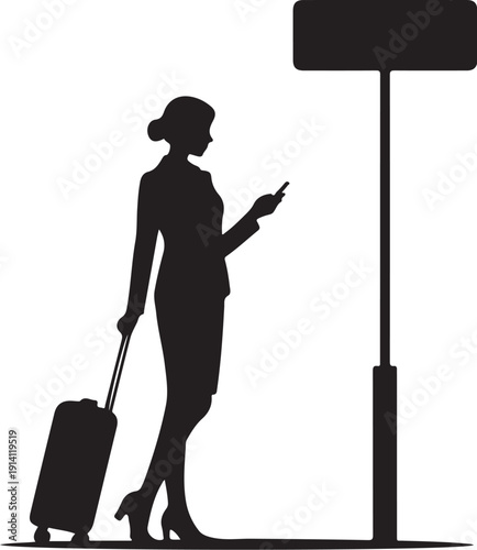 Woman with suitcase and smartphone near sign silhouette