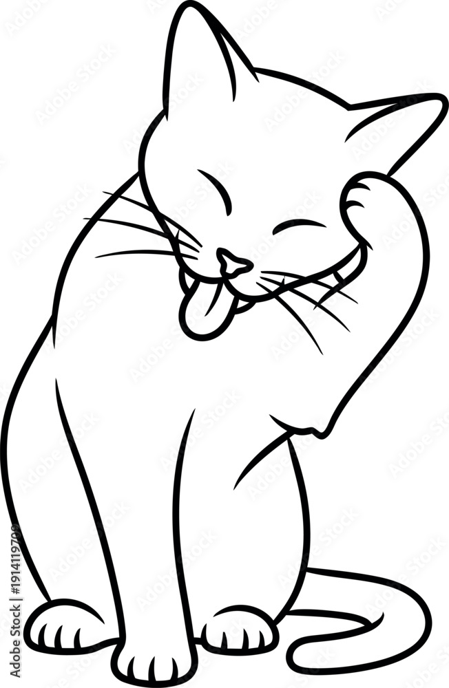 Obraz premium Cute and funny black and white line illustration of a cat licking its paw with its tongue out. Adorable vector graphic for pet grooming, cat lovers, or humorous animal designs.