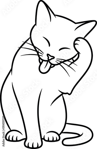 Cute and funny black and white line illustration of a cat licking its paw with its tongue out. Adorable vector graphic for pet grooming, cat lovers, or humorous animal designs.