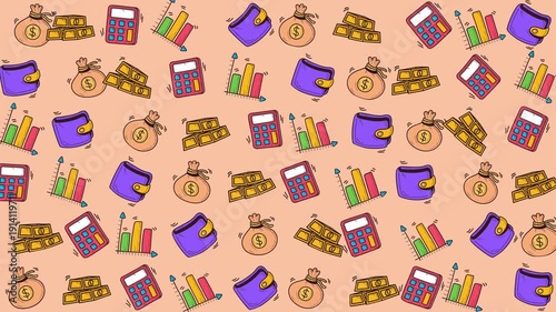 Pattern of gold calculators, graphs, money bags, and wallets. Ideal for financial presentations, business websites, or social media posts.