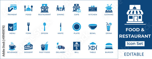 Food and restaurant icon set featuring dining service, kitchen tools, fast food delivery, cafe menu, restaurant management, cooking equipment, and catering symbols.
