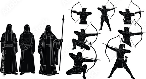 Black vector silhouette set of medieval archers with bows and historical robed figures for fantasy warfare roleplaying games middle ages history and branding
