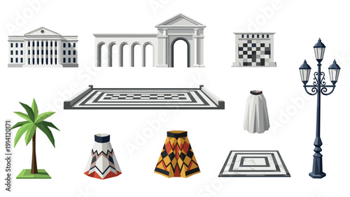 Diverse architectural elements and patterns collection featuring classic and modern designs