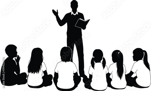 Silhouette of a Teacher Reading to a Group of Children
