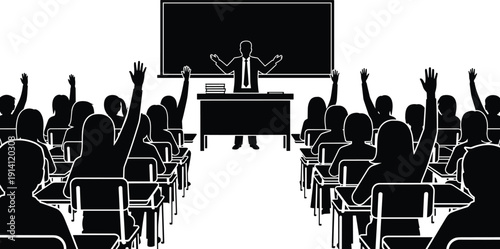 Classroom students raising hands silhouette illustration, teacher teaching lesson education participation concept isolated on white background academic learning scene
