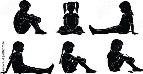 Silhouettes of Children Sitting in Various Positions on White Background