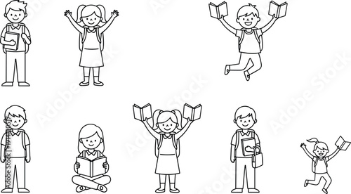 Cute school children outline character collection, kids education learning concept, happy students reading books, line art vector illustration