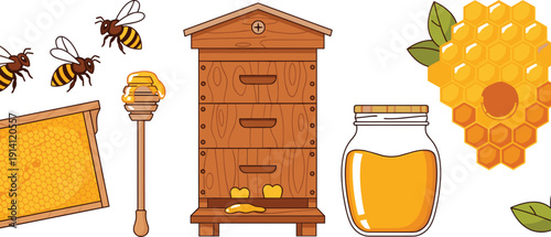 Beekeeping and Honey Production Vector Set with Beehive, Bees, Honeycomb, Dipper and Glass Jar Illustration Elements