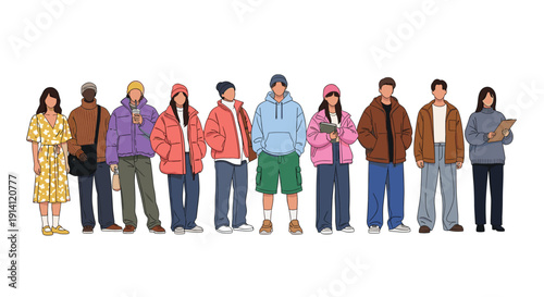 Diverse urban people lineup illustration, modern casual fashion characters, multicultural youth group standing together isolated on white background studio backdrop