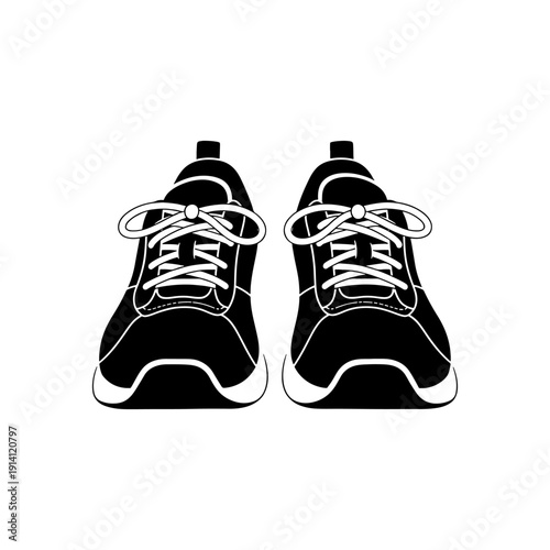 A pair of athletic sneakers are displayed in a stark black silhouette
