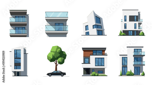 Modern minimalist building collection with geometric facades