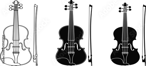 Three violins and bows in black and white musical instrument