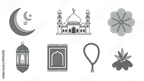 Islamic Icon Collection for Ramadan, Set of Religious Symbols including Mosque, Crescent Moon, Prayer Mat, and Lantern, Minimalist Line Art Illustration Isolated on White Background