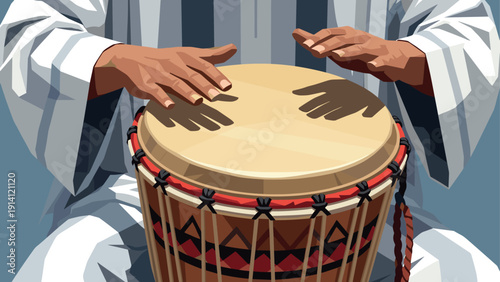 Traditional drummer in cultural attire playing percussion instrument with rhythmic hands