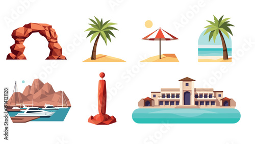 Tropical paradise elements: beach, palm trees, resort, boats, and umbrella in flat style