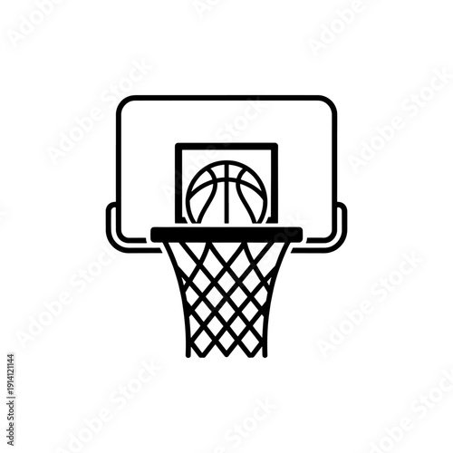 A simple black outline depicts a basketball hovering near a hoop silhouette