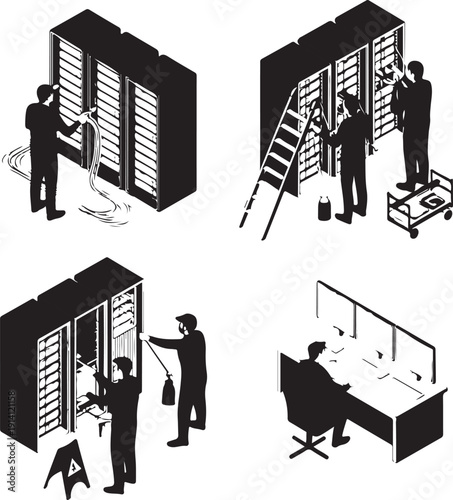 server room technicians working on computer servers and data storage equipment