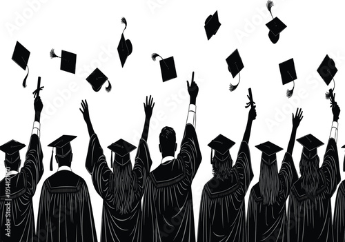 Graduates throwing caps silhouette illustration, graduation celebration academic success concept, students achievement ceremony isolated on white background education milestone