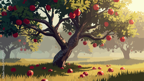 Serene orchard landscape with apple trees at sunset in geometric art style