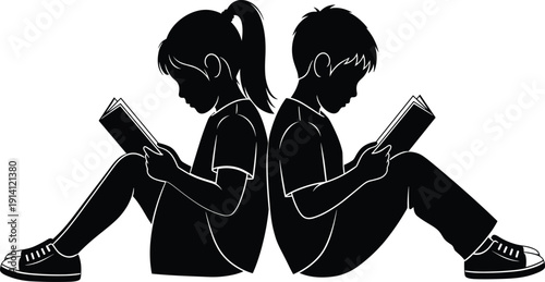 Two Children Sitting Back to Back Reading Books Silhouette