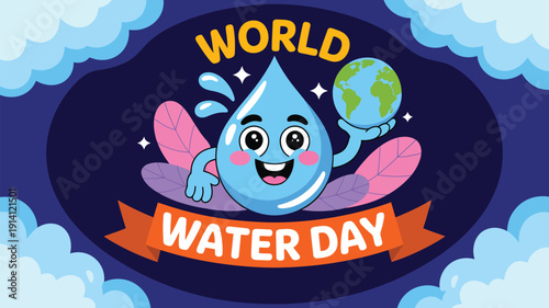 world water day cartoon illustration with cute water drop character globe wings and environmental awareness concept