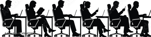 Office employees working at desks silhouette collection, corporate workplace activity concept, business people using laptop and phone, vector illustration