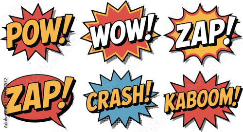 Six colorful pop art style exclamations and dynamic sound effects in comic book design