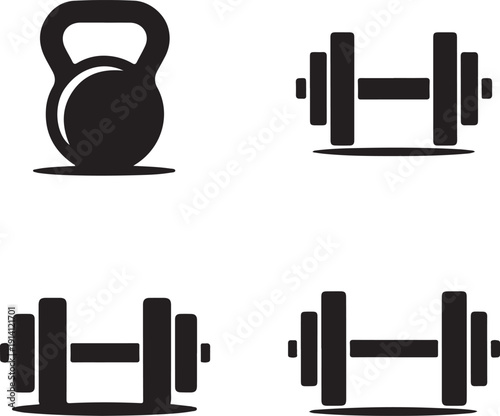 set of black dumbbell and kettlebell silhouettes for fitness and gym