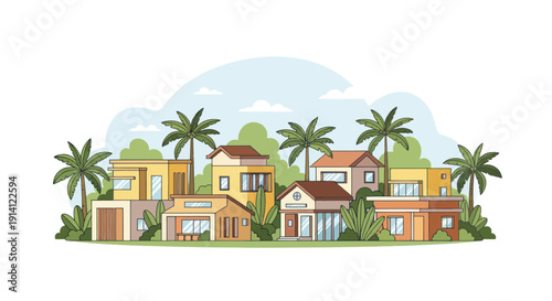 Tropical Village Scene: Modern Houses, Palm Trees, Lush Greenery, Sunny Day