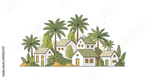 Tropical Village Scene with Houses and Palm Trees, Flat Design