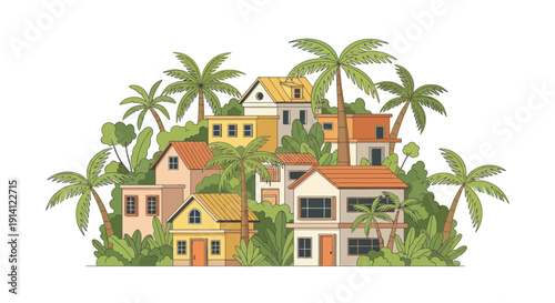 Vibrant Tropical Village Scene with Palm Trees and Colorful Houses