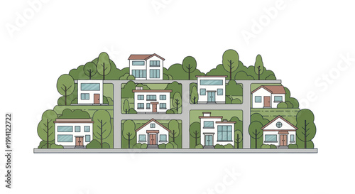 Charming residential street with diverse modern houses nestled among green trees.
