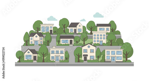 Diverse residential neighborhood with modern and traditional houses, trees, and streets
