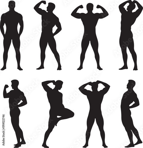 set of muscular man silhouettes in various poses